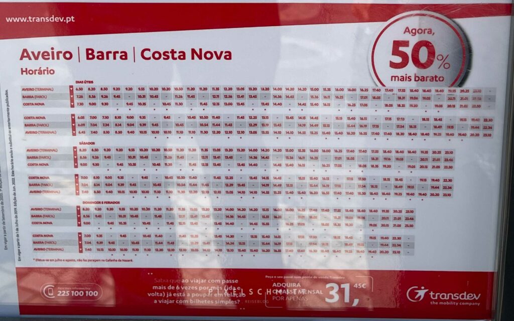 Der Busfahrplan nach Costa Nova